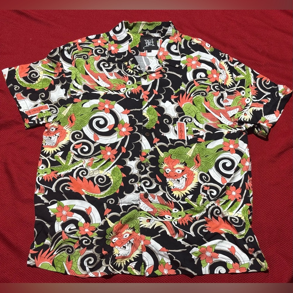 Ed Hardy Dragon Print Casual Shirt - Black, Green, Red